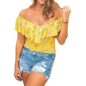 NWT Express Flounce Off The Shoulder Blouse Yellow Floral Print